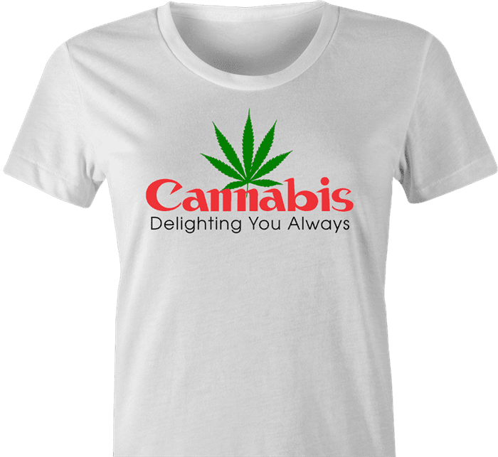 Funny cannabis logo camera parody t-shirt white women's 