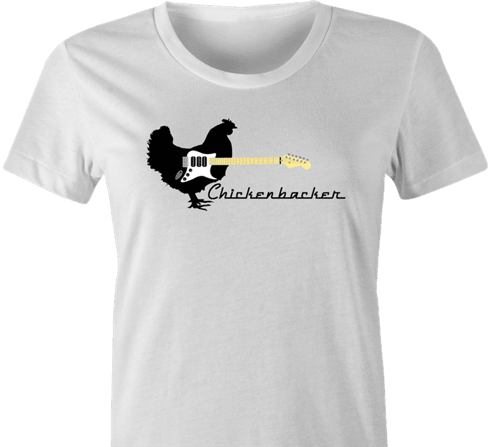 funny chicken guitar t-shirt for guitar players women's white 