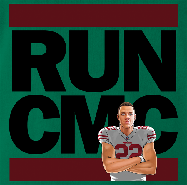 Funny Christian McCaffrey San Francisco 49ers - Run CMC | Run DMC Mashup Parody kelly green men's t-shirt