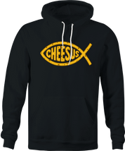 funny jesus fish logo Cheesus cheese parody hoodie men's black 