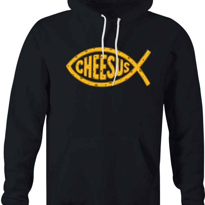 funny jesus fish logo Cheesus cheese parody hoodie men's black 