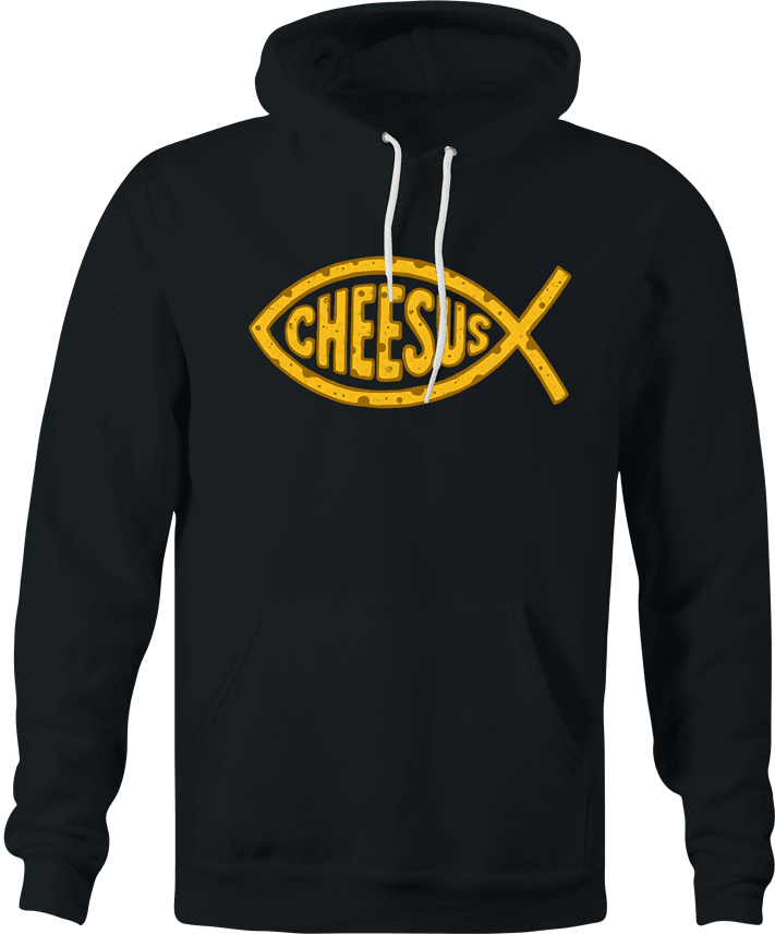 funny jesus fish logo Cheesus cheese parody hoodie men's black 