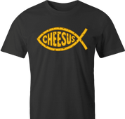 funny jesus fish logo Cheesus cheese parody t-shirt men's black 