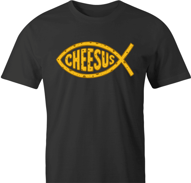 funny jesus fish logo Cheesus cheese parody t-shirt men's black 