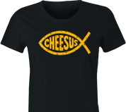 funny jesus fish logo Cheesus cheese parody t-shirt women's black 