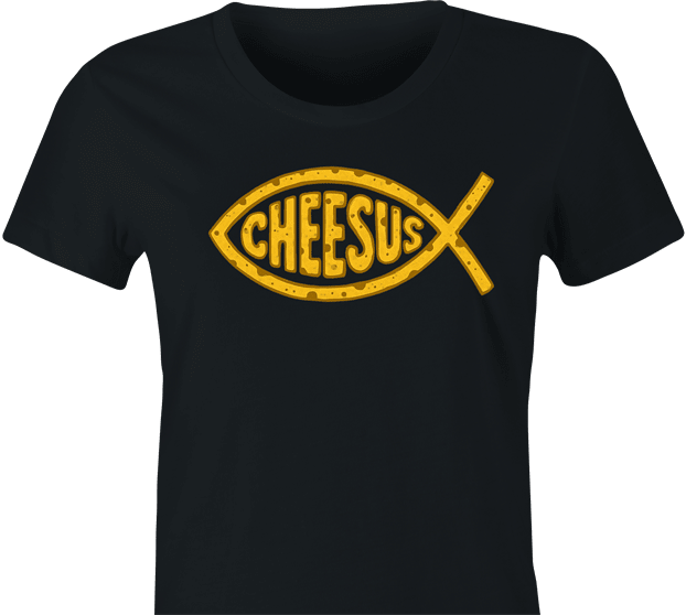 funny jesus fish logo Cheesus cheese parody t-shirt women's black 