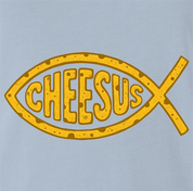 funny jesus fish logo Cheesus cheese parody t-shirt men's light blue 