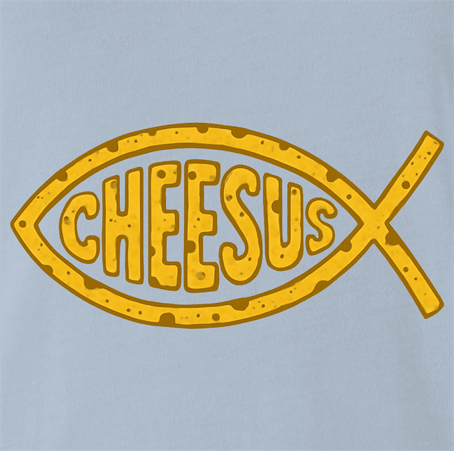 funny jesus fish logo Cheesus cheese parody t-shirt men's light blue 