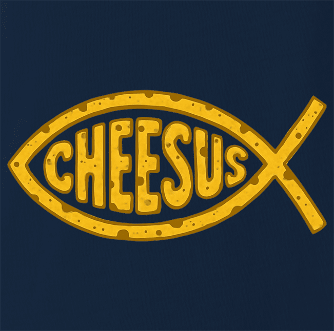 funny jesus fish logo Cheesus cheese parody t-shirt men's navy blue 