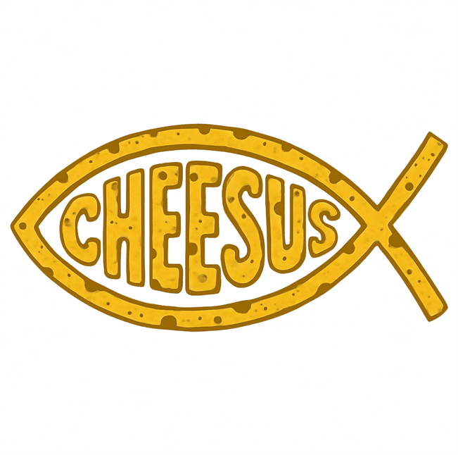 funny jesus fish logo Cheesus cheese parody t-shirt men's white 