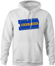 funny blockbuster Cockblocker parody hoodie men's white