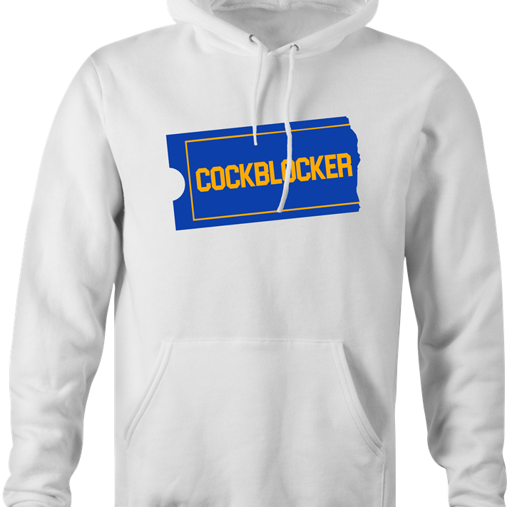 funny blockbuster Cockblocker parody hoodie men's white