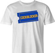 funny blockbuster Cockblocker parody t-shirt men's white