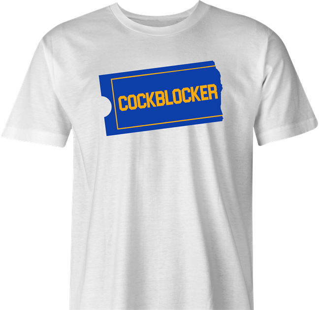 funny blockbuster Cockblocker parody t-shirt men's white