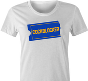 funny blockbuster Cockblocker parody t-shirt women's white