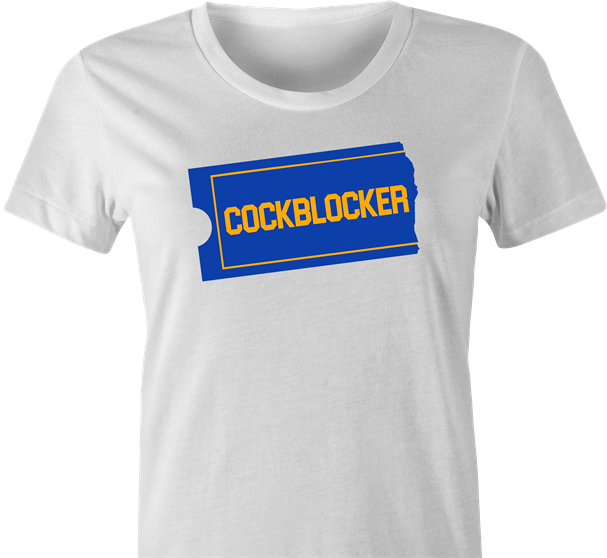 funny blockbuster Cockblocker parody t-shirt women's white