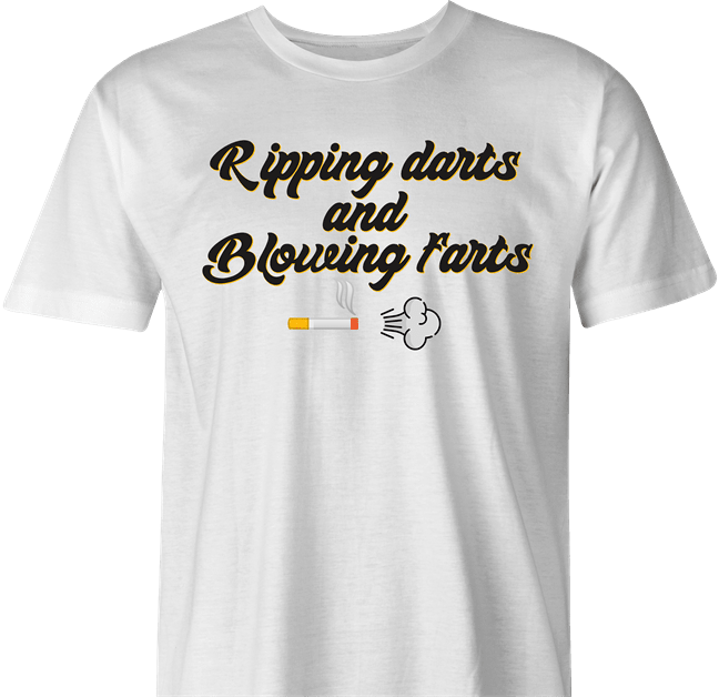 hilarious men's white darts and farts cigarette smoker t-shirt 