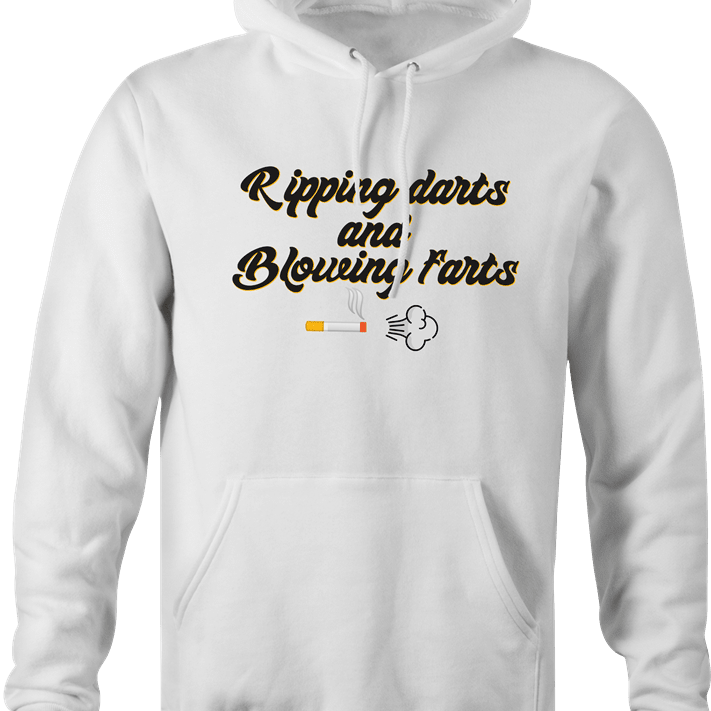 hilarious men's white darts and farts cigarette smoker hoodie 