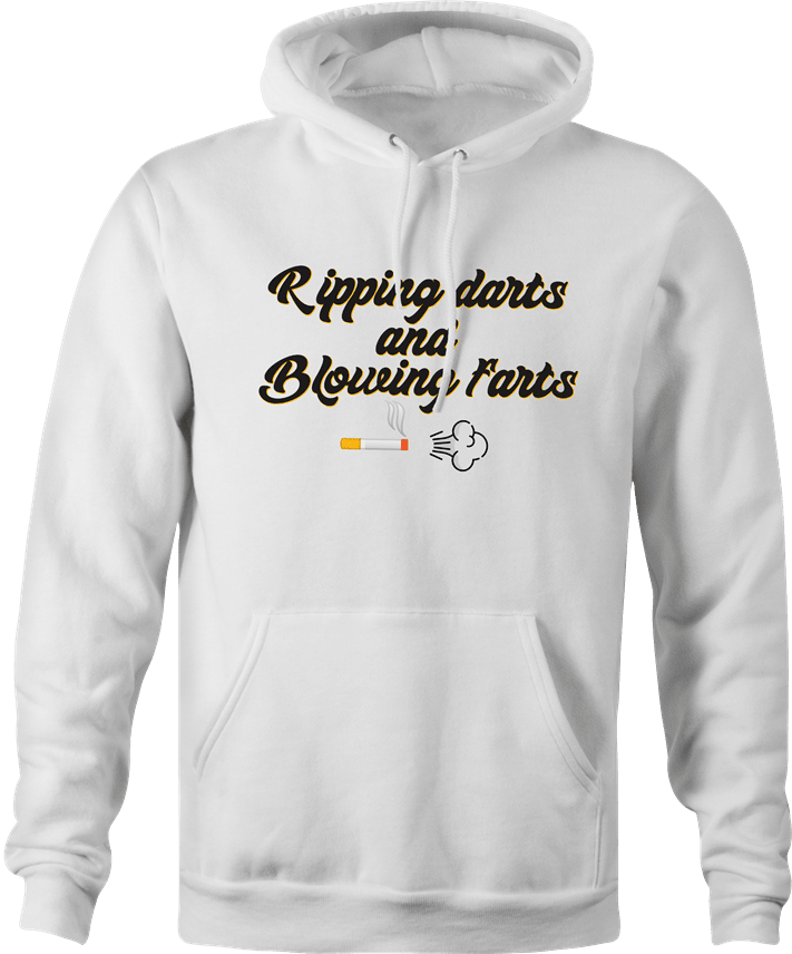hilarious men's white darts and farts cigarette smoker hoodie 