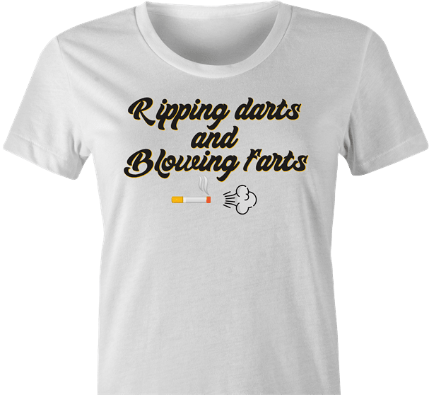 hilarious wo
men's white darts and farts cigarette smoker t-shirt 