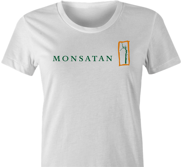 funny Monsatan agrochemical biotech t-shirt women's white