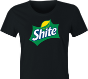 funny sprite logo shite scottish swear word women's black t-shirt 