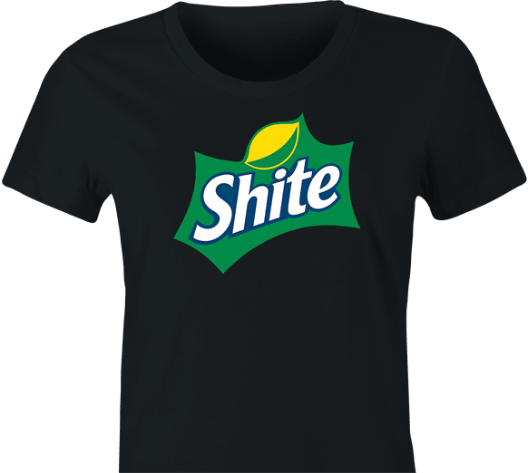 funny sprite logo shite scottish swear word women's black t-shirt 