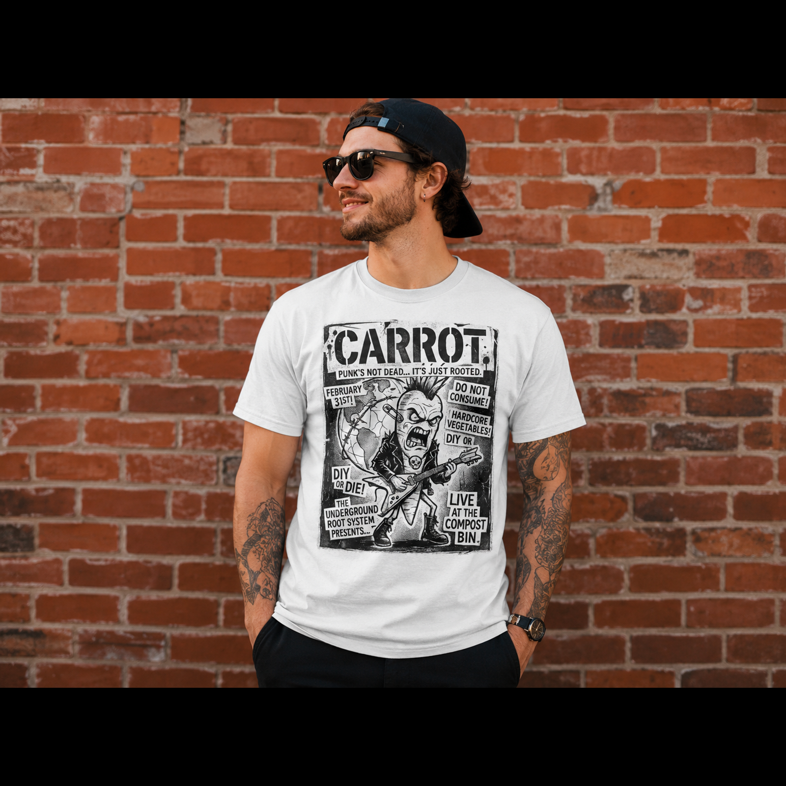 Punk rock carrot character with mohawk playing guitar on a vintage concert poster