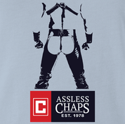 Assless Chaps Funny Parody men's t-shirt light blue 
