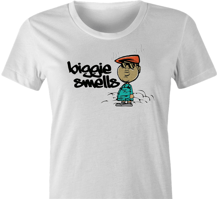 Funny Notorious BIG stinks Biggie Smells white t-shirt women's