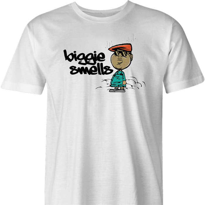 Funny Notorious BIG stinks Biggie Smells white t-shirt men's