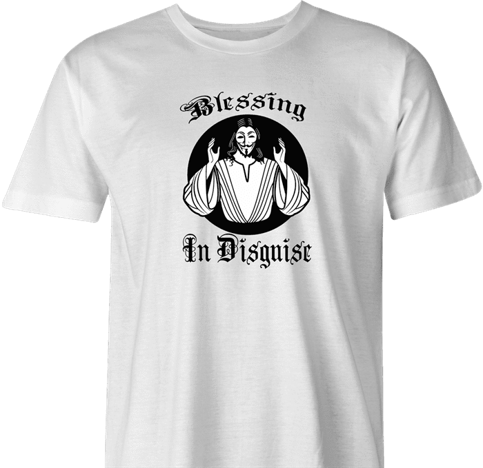 funny religion blessing in disguise t-shirt white men's