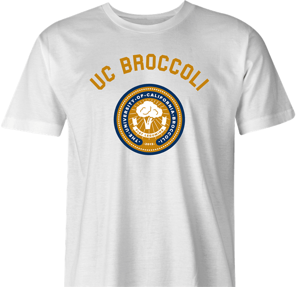 Funny Broccoli U - California University Vegan Mashup Parody White Men's T-Shirt
