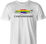 Funny Gay Car T-Shirt Chevrogay men's white rainbow shirt