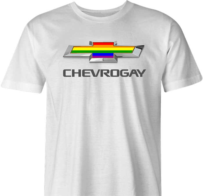 Funny Gay Car T-Shirt Chevrogay men's white rainbow shirt