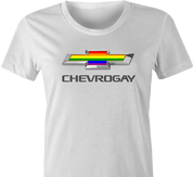 Funny Gay Car T-Shirt Chevrogay women's white rainbow shirt