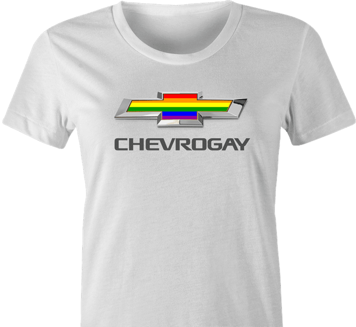 Funny Gay Car T-Shirt Chevrogay women's white rainbow shirt