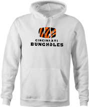 Funny men's white Cincinnati Bungholes parody hoodie