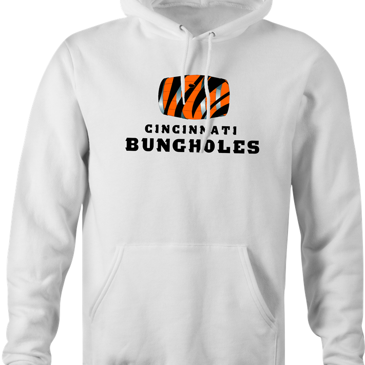 Funny men's white Cincinnati Bungholes parody hoodie