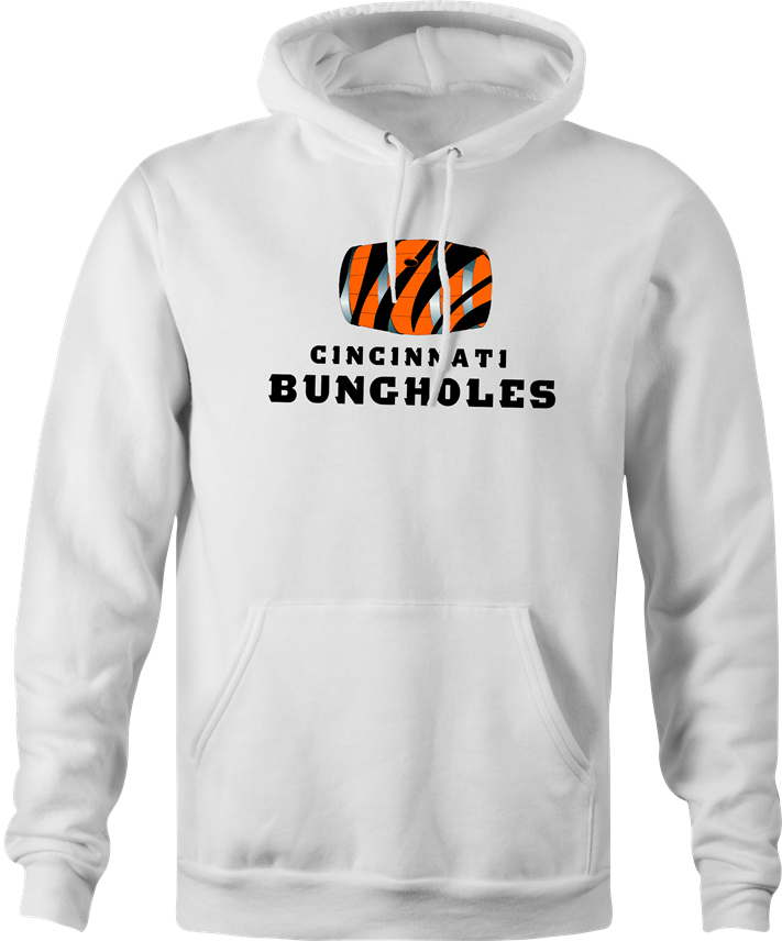 Funny men's white Cincinnati Bungholes parody hoodie
