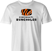 Funny men's white Cincinnati Bungholes parody t-shirt