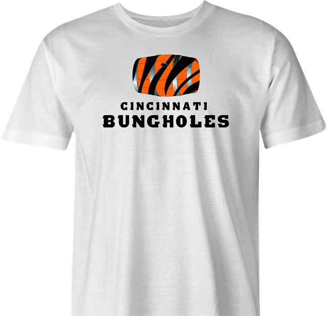 Funny men's white Cincinnati Bungholes parody t-shirt