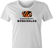 Funny women's white Cincinnati Bungholes parody t-shirt