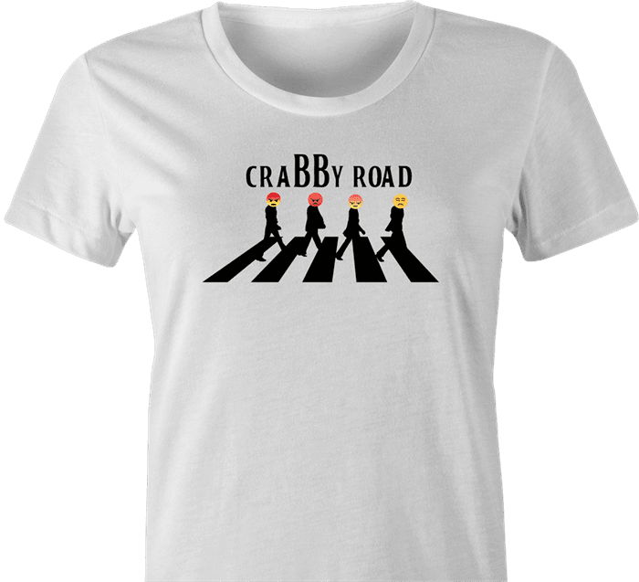 Funny angry emoji abbey road women's white mashup t-shirt 