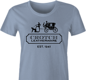 Funny sexy crotch leatherware coach parody light blue women's t-shirt 
