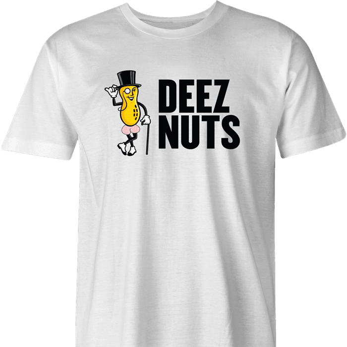 funny deez nuts salty peanuts parody t-shirt men's white 