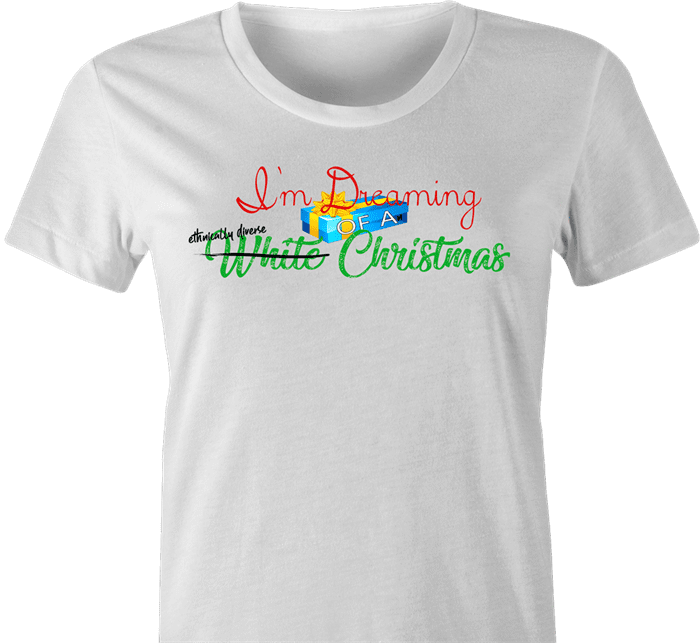 funny Diverse Happy Holidays Hannukah Kwanzaa Diwali Christmas Holiday Parody women's t-shirt white 