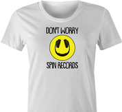 funny don't worry be happy DJ parody t-shirt women's white