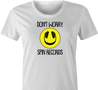 funny don't worry be happy DJ parody t-shirt women's white