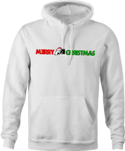 funny and Hilarious Lloyd Christmas wearing Sanata hat Happy Holidays dumb and dumber Parody white hoodie